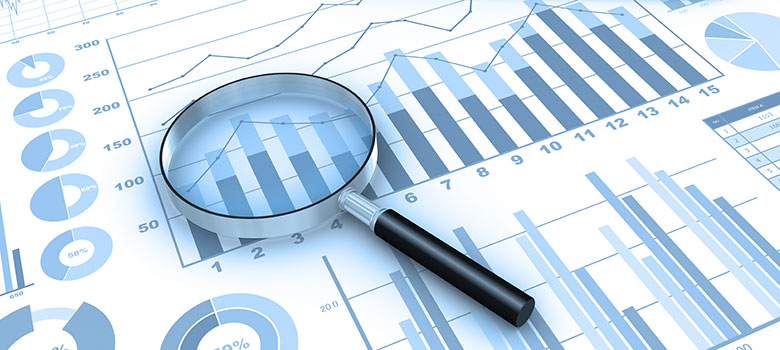 Presentation of analyses using a laptop, magnifying glass and charts